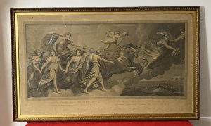 Classical Copper Plate Etching Titled Quadrijugis Invictus Equis Sol Aureus Exit After Guido Reni Production Date Circa 1787 Large Original Copper Plate Etching Depicting The Goddess Aurora Leading Apollo In His Chariot. Apollo Surrounded By Seven Goddesses Stands In His Chariot Pulled By A Pair Of Skewbald Horses With Winged Putti Holding A Torcheres. Breath Taking Etching Set Upon Clouds. Original Artwork By Guido Reni. British Museum Image Description; Aurora, flying scattering flowers leading Apollo in his chariot driving his horses. After the Fresco by Guido Reni in the Casa Rospigliosi. Inscription content: Lettered with four lines of verse, the first here quoted as title; with dedication to Prince Joseph Rospigliosi by Volpato and Morghen, and with producer names "Guidus Rheni pinx / Antonius Cavallucci delin. / Raphael Morghen sculp Romae" Gallery Stamp On The Reverse Reads ; Reading Fine Art Gallery & Restorers. Set In Glazed Wooden Frame With Tortoise Shell Veneer, Egg & Dart Gilt-work And Border. A Exceptional Piece Of Artwork. A Stunning Show Piece For Art Collector And Enthusiast. This Piece Would Be A Breath Taking Show Piece In A Living Room/ Hallway/ Dinning Area. Please Message For More Pictures And Information If Required. Condition - Antique Used Please Be Aware This Is A Antique Etching There Are Signs Of Wear And Deterioration To Frame. Minor Signs Of Damp And Discolouration To Etching Due To Age To Be Expected. Provenance Purchased From Private Collection 1932 Now Part Of Lord Hill Collection. Dimensions In Inches Height 25” Width 41” Depth 1 1/4”