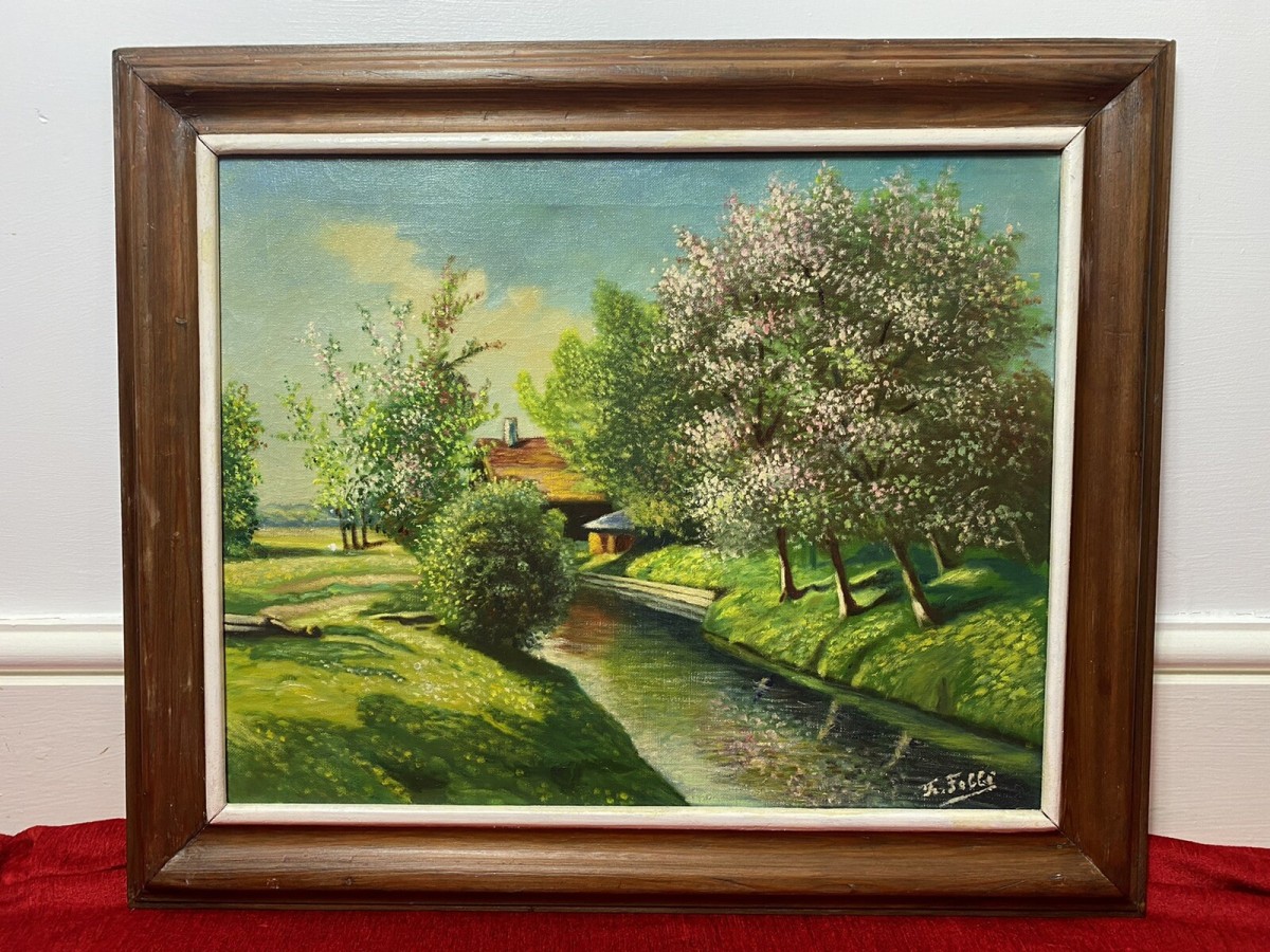 Primary image for French School Impressionist Riverscape & Avenue Of Blossom Trees Signed F Fobbé