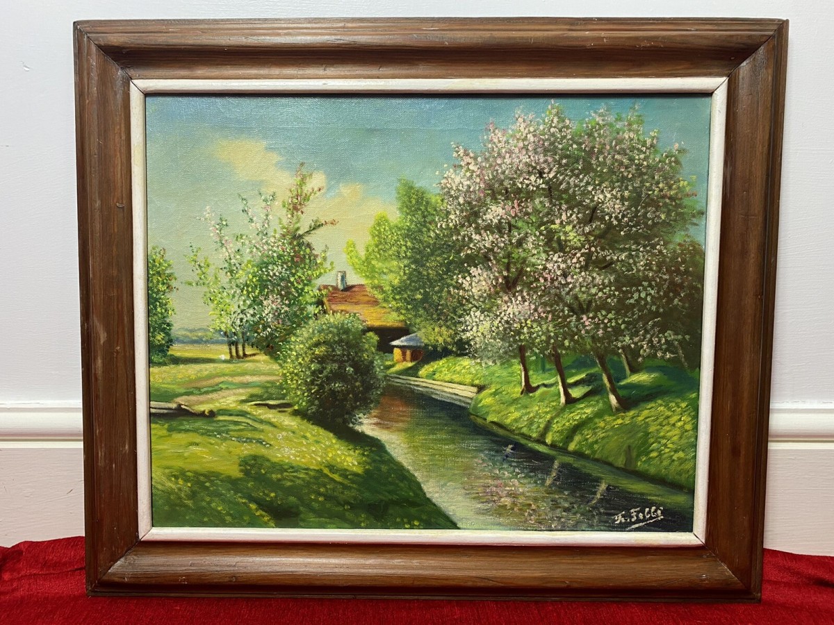 French School Impressionist Riverscape & Avenue Of Blossom Trees Signed F Fobbé