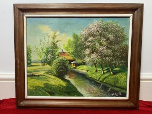 French School Impressionist Riverscape & Avenue Of Blossom Trees Signed F Fobbé Circa - 20th Century Composition - Oil On Canvas Listing Description Wonderfully Vibrant Impressionist Artwork Depicting Central Flowing Reflective River With Small Cottage In The Distance. The Vibrant Green/Yellow River Banks Abundant With Rows Of Apple Blossom Trees Thought To Be A Fruit Orchard. Very Intricate Impressionist Composition Made Up Of Hundreds Of Individual Brush Strokes In Complementing Colours. Signed by Artist F Fobbé And Set In Mahogany Frame. Dimensions In Inches Height 21" Width 25"