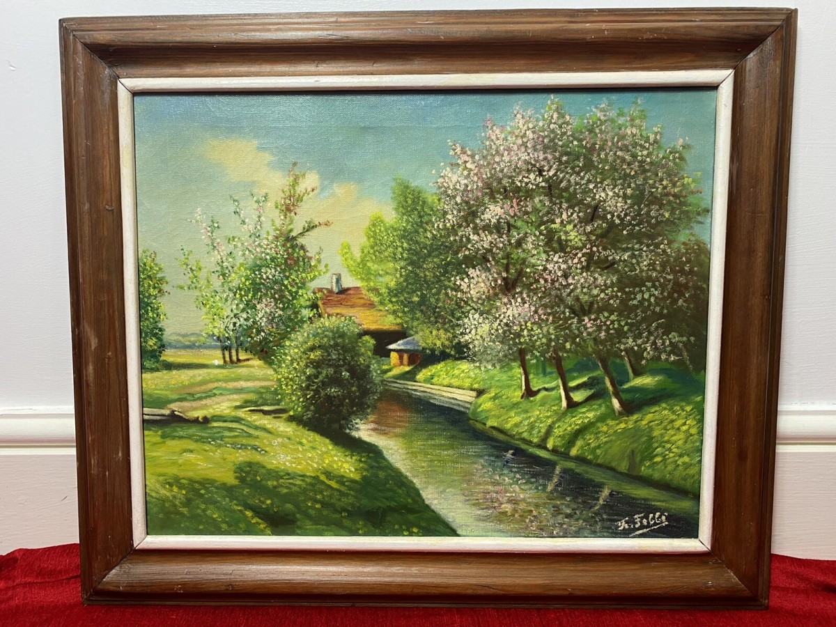 French School Impressionist Riverscape & Avenue Of Blossom Trees Signed F Fobbé