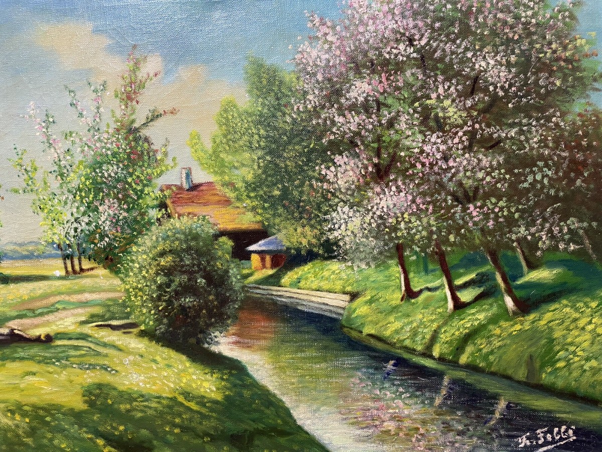 French School Impressionist Riverscape & Avenue Of Blossom Trees Signed F Fobbé
