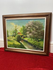 French School Impressionist Riverscape & Avenue Of Blossom Trees Signed F Fobbé Circa - 20th Century Composition - Oil On Canvas Listing Description Wonderfully Vibrant Impressionist Artwork Depicting Central Flowing Reflective River With Small Cottage In The Distance. The Vibrant Green/Yellow River Banks Abundant With Rows Of Apple Blossom Trees Thought To Be A Fruit Orchard. Very Intricate Impressionist Composition Made Up Of Hundreds Of Individual Brush Strokes In Complementing Colours. Signed by Artist F Fobbé And Set In Mahogany Frame. Dimensions In Inches Height 21" Width 25"