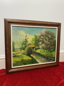 French School Impressionist Riverscape & Avenue Of Blossom Trees Signed F Fobbé Circa - 20th Century Composition - Oil On Canvas Listing Description Wonderfully Vibrant Impressionist Artwork Depicting Central Flowing Reflective River With Small Cottage In The Distance. The Vibrant Green/Yellow River Banks Abundant With Rows Of Apple Blossom Trees Thought To Be A Fruit Orchard. Very Intricate Impressionist Composition Made Up Of Hundreds Of Individual Brush Strokes In Complementing Colours. Signed by Artist F Fobbé And Set In Mahogany Frame. Dimensions In Inches Height 21" Width 25"