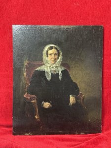 Georgian Fine Art Portrait Of Lady Jane Russell Duchess Of Abercorn Circa 1860 Circa - 1860 Composition - Oil on Wood Panel Listing Description Fine Quality Georgian Portrait Of Duchess Sitting In Elegant Velvet Carver Armchair. Exquisite Detail Of Face With Platted Hair Framed By Lace Headscarf And Neck Tie, Wearing Black Satin Ruffled Dress With Lace Cuffs, Holds Reading Glasses In Left Hand. Dimensions In Cms Height 44.5cm x Width36.5cm