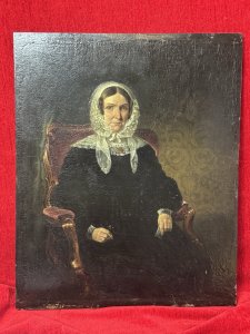 Georgian Fine Art Portrait Of Lady Jane Russell Duchess Of Abercorn Circa 1860 Circa - 1860 Composition - Oil on Wood Panel Listing Description Fine Quality Georgian Portrait Of Duchess Sitting In Elegant Velvet Carver Armchair. Exquisite Detail Of Face With Platted Hair Framed By Lace Headscarf And Neck Tie, Wearing Black Satin Ruffled Dress With Lace Cuffs, Holds Reading Glasses In Left Hand. Dimensions In Cms Height 44.5cm x Width36.5cm