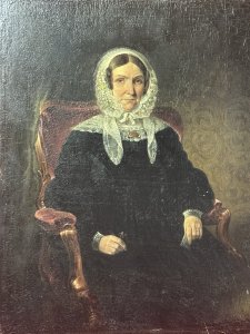 Georgian Fine Art Portrait Of Lady Jane Russell Duchess Of Abercorn Circa 1860 Circa - 1860 Composition - Oil on Wood Panel Listing Description Fine Quality Georgian Portrait Of Duchess Sitting In Elegant Velvet Carver Armchair. Exquisite Detail Of Face With Platted Hair Framed By Lace Headscarf And Neck Tie, Wearing Black Satin Ruffled Dress With Lace Cuffs, Holds Reading Glasses In Left Hand. Dimensions In Cms Height 44.5cm x Width36.5cm