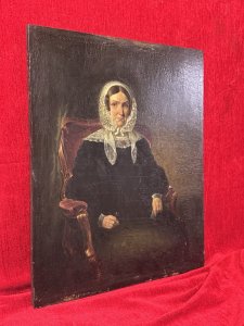 Georgian Fine Art Portrait Of Lady Jane Russell Duchess Of Abercorn Circa 1860 Circa - 1860 Composition - Oil on Wood Panel Listing Description Fine Quality Georgian Portrait Of Duchess Sitting In Elegant Velvet Carver Armchair. Exquisite Detail Of Face With Platted Hair Framed By Lace Headscarf And Neck Tie, Wearing Black Satin Ruffled Dress With Lace Cuffs, Holds Reading Glasses In Left Hand. Dimensions In Cms Height 44.5cm x Width36.5cm