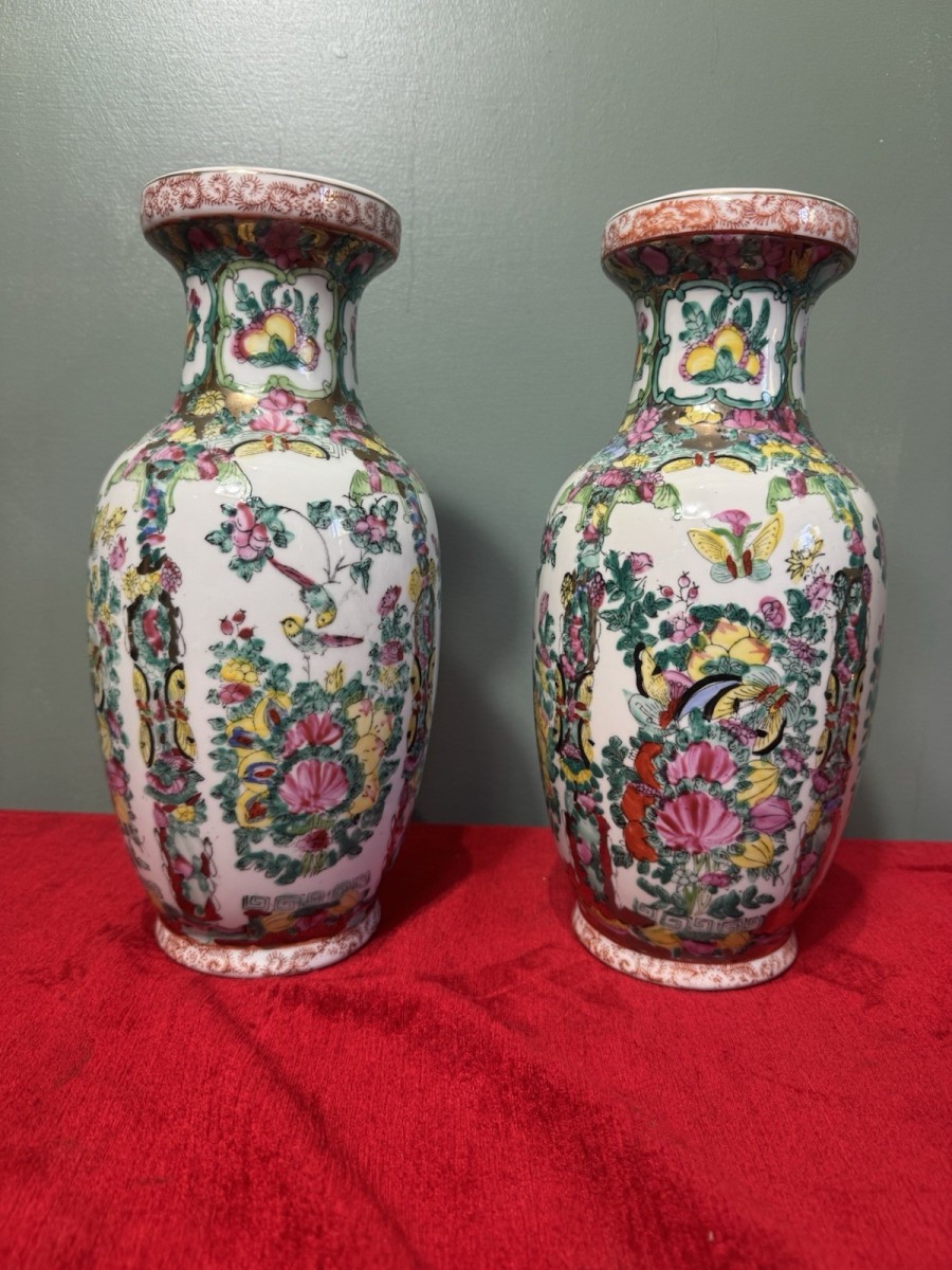 Pair Of Oriental Chinese Qing Style Famille Rose Vases
