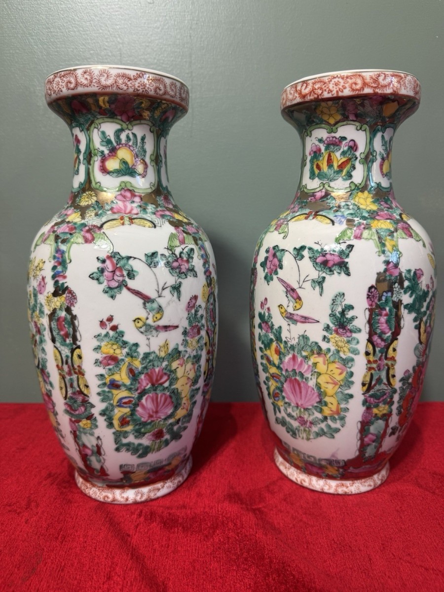 Pair Of Oriental Chinese Qing Style Famille Rose Vases