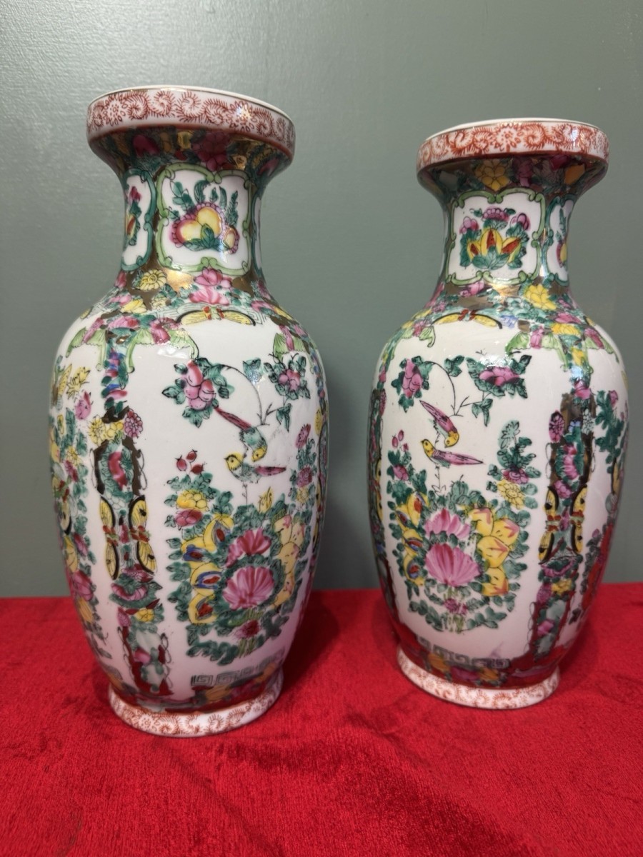 Pair Of Oriental Chinese Qing Style Famille Rose Vases