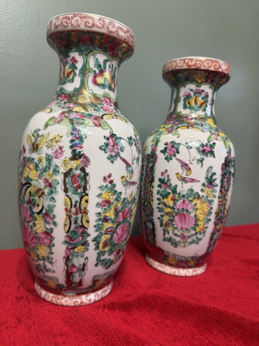 Pair Of Oriental Chinese Qing Style Famille Rose Vases