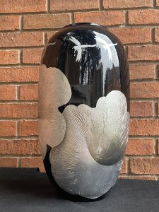 Large Contemporary Black Fire Glazed Vase Decorated With Silver Peony & Dragonflies. Circa - Modern Vintage Composition- Fire Glazed Pottery Stunning Large Bulbous Shaped Black Fire Glazed Centre Piece Vase. Hand Decorated With Embellished Textural Silver Gilt Work Depicting Floral Sprays Of Peonies And Delicate Dragonflies. Condition- Pristine Vintage Dimensions Height 48.5cm Width 27cm (Widest Point) Neck Width 17cm