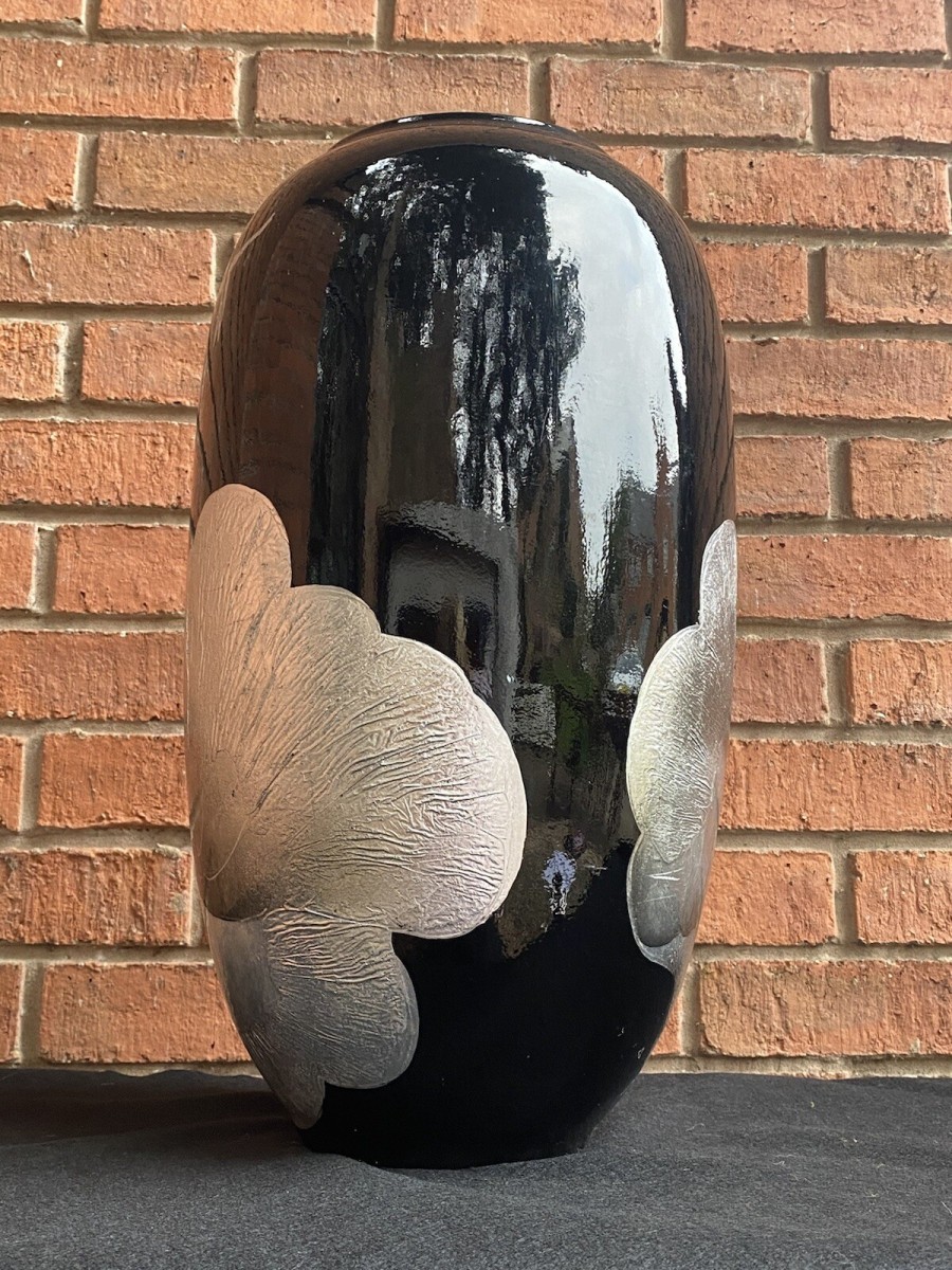 Contemporary Black Fire Glazed Vase Decorated With Silver Peony &dragonflies