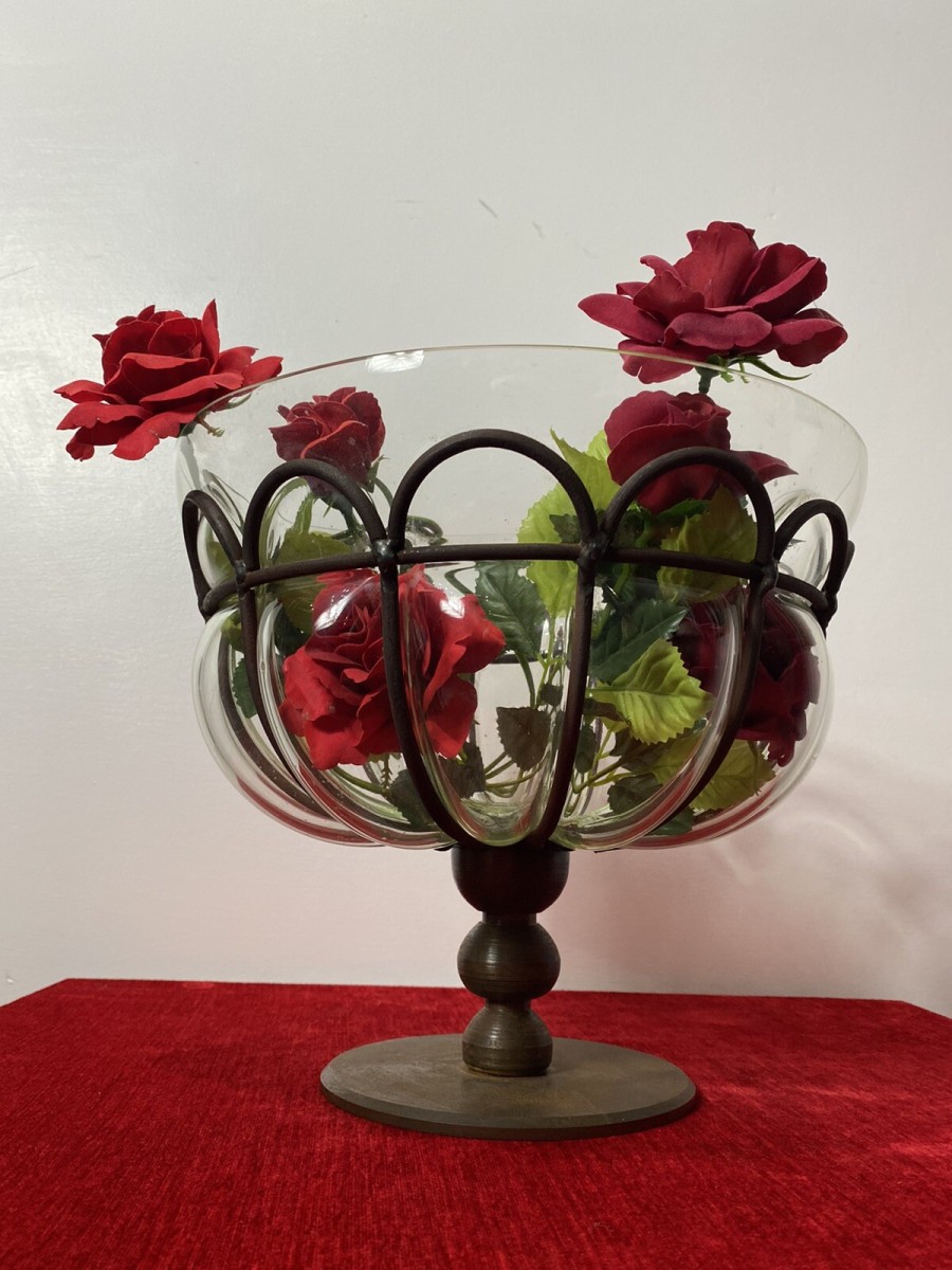 Daum And Majorelle Style Art Deco Blown Glass And Wrought Iron Centrepiece Bowl