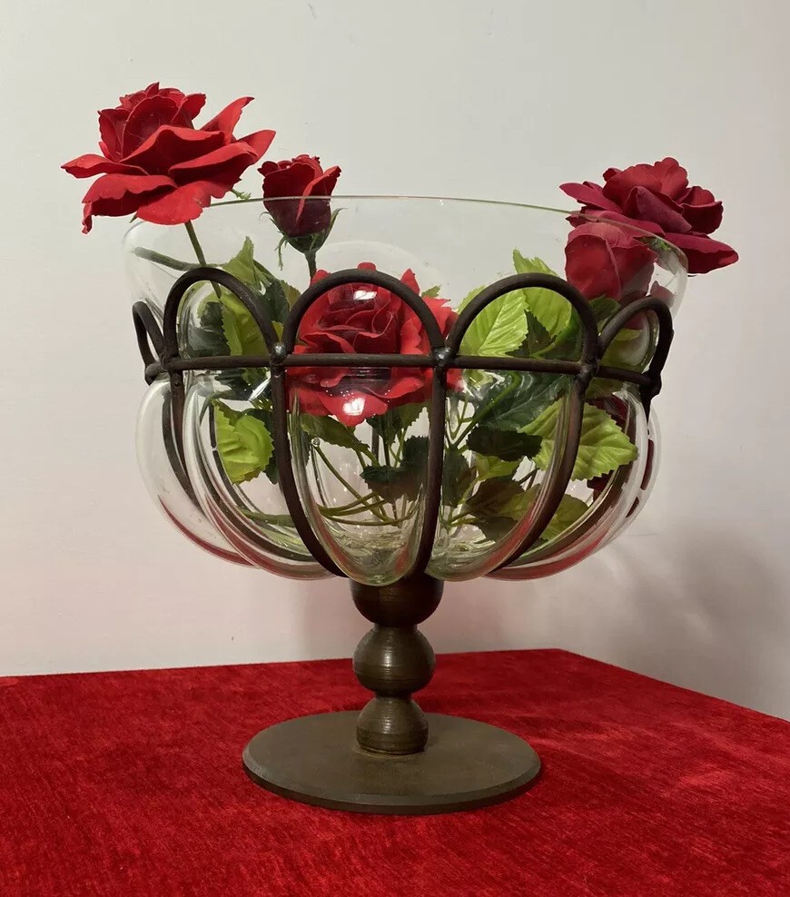 Daum And Majorelle Style Art Deco Blown Glass And Wrought Iron Centrepiece Bowl