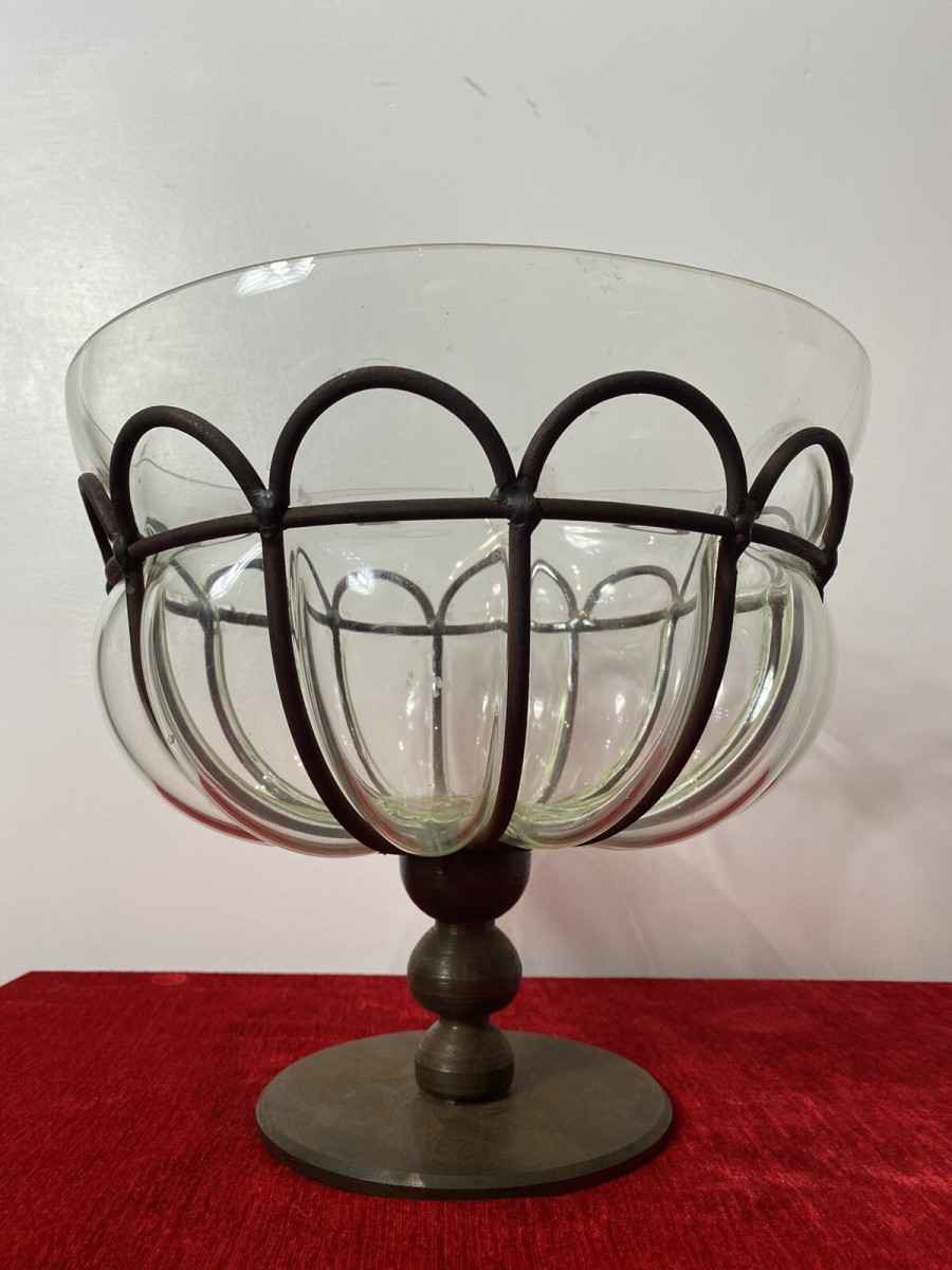 Daum And Majorelle Style Art Deco Blown Glass And Wrought Iron Centrepiece Bowl