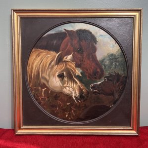 Fine Art 19th Century Trio Of Horses Attributed To John Frederick Herring Circa - 1845 Composition - Oil On Canvas Brief Artist History John Frederick Herring Sr (12 September 1795 - 23 September 1865) English Painter Born In 1979, His Chosen Medium Was Oil On Canvas. Herring Is Best Known For His Fine Horse Portraits, Racehorses With Riders Up, Hunting Scenes And Family Farm Animals. A Fine Example Of One Of J F Herrings Best Known Works Is 'Pharaoh's Horses'. A Highly Popular Portrait Study Of Three Grey Arabian Stallions, Charging With Nostrils FlaredAnd Manes Flowing, Which Conveys The Grandeur Of Power And Motion. The Model Used In The Artwork Was Herrings Own Pet Arabian Imaum, Which Queen Victoria Once Owned. J F Herring Paintings Have Been Widely Reproduced Including Dozens Of Winners Of The St Legar Stakes And Derby Engravings. Other Reproductions Of His works Encompassed Lithographs, Aquatints And Even Giclees. Listing Description Fine Quality Circular Study Of Tan Stallion And Bay Mare, Both Facing Chestnut Foal With Back In View. Horse Heads All Painted Showing Detailed Bone Structure With Distinct Rich Colour Palette Used By Artist J F Herring. This Original Victorian Oil Painting Has Been Relined And Set Inside New Frame Likely Due To Natural Deterioration With Age. Artwork Attributed To Artist J F Herring But Sadly Unsigned. Condition - Antique Very Good Signs Of Cracking To Paint Work Due To Age As Expected Dimensions In Inches Height 18 1/4" X Width 18 1/4" Provenance Purchased From Private Fine Art Collector London.