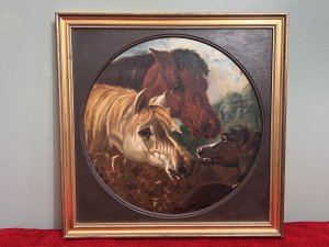 Fine Art 19th Century Trio Of Horses Attributed To John Frederick Herring Circa - 1845 Composition - Oil On Canvas Brief Artist History John Frederick Herring Sr (12 September 1795 - 23 September 1865) English Painter Born In 1979, His Chosen Medium Was Oil On Canvas. Herring Is Best Known For His Fine Horse Portraits, Racehorses With Riders Up, Hunting Scenes And Family Farm Animals. A Fine Example Of One Of J F Herrings Best Known Works Is 'Pharaoh's Horses'. A Highly Popular Portrait Study Of Three Grey Arabian Stallions, Charging With Nostrils FlaredAnd Manes Flowing, Which Conveys The Grandeur Of Power And Motion. The Model Used In The Artwork Was Herrings Own Pet Arabian Imaum, Which Queen Victoria Once Owned. J F Herring Paintings Have Been Widely Reproduced Including Dozens Of Winners Of The St Legar Stakes And Derby Engravings. Other Reproductions Of His works Encompassed Lithographs, Aquatints And Even Giclees. Listing Description Fine Quality Circular Study Of Tan Stallion And Bay Mare, Both Facing Chestnut Foal With Back In View. Horse Heads All Painted Showing Detailed Bone Structure With Distinct Rich Colour Palette Used By Artist J F Herring. This Original Victorian Oil Painting Has Been Relined And Set Inside New Frame Likely Due To Natural Deterioration With Age. Artwork Attributed To Artist J F Herring But Sadly Unsigned. Condition - Antique Very Good Signs Of Cracking To Paint Work Due To Age As Expected Dimensions In Inches Height 18 1/4" X Width 18 1/4" Provenance Purchased From Private Fine Art Collector London.
