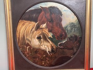 Fine Art 19th Century Trio Of Horses Attributed To John Frederick Herring Circa - 1845 Composition - Oil On Canvas Brief Artist History John Frederick Herring Sr (12 September 1795 - 23 September 1865) English Painter Born In 1979, His Chosen Medium Was Oil On Canvas. Herring Is Best Known For His Fine Horse Portraits, Racehorses With Riders Up, Hunting Scenes And Family Farm Animals. A Fine Example Of One Of J F Herrings Best Known Works Is 'Pharaoh's Horses'. A Highly Popular Portrait Study Of Three Grey Arabian Stallions, Charging With Nostrils FlaredAnd Manes Flowing, Which Conveys The Grandeur Of Power And Motion. The Model Used In The Artwork Was Herrings Own Pet Arabian Imaum, Which Queen Victoria Once Owned. J F Herring Paintings Have Been Widely Reproduced Including Dozens Of Winners Of The St Legar Stakes And Derby Engravings. Other Reproductions Of His works Encompassed Lithographs, Aquatints And Even Giclees. Listing Description Fine Quality Circular Study Of Tan Stallion And Bay Mare, Both Facing Chestnut Foal With Back In View. Horse Heads All Painted Showing Detailed Bone Structure With Distinct Rich Colour Palette Used By Artist J F Herring. This Original Victorian Oil Painting Has Been Relined And Set Inside New Frame Likely Due To Natural Deterioration With Age. Artwork Attributed To Artist J F Herring But Sadly Unsigned. Condition - Antique Very Good Signs Of Cracking To Paint Work Due To Age As Expected Dimensions In Inches Height 18 1/4" X Width 18 1/4" Provenance Purchased From Private Fine Art Collector London.