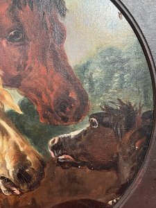Fine Art 19th Century Trio Of Horses Attributed To John Frederick Herring Circa - 1845 Composition - Oil On Canvas Brief Artist History John Frederick Herring Sr (12 September 1795 - 23 September 1865) English Painter Born In 1979, His Chosen Medium Was Oil On Canvas. Herring Is Best Known For His Fine Horse Portraits, Racehorses With Riders Up, Hunting Scenes And Family Farm Animals. A Fine Example Of One Of J F Herrings Best Known Works Is 'Pharaoh's Horses'. A Highly Popular Portrait Study Of Three Grey Arabian Stallions, Charging With Nostrils FlaredAnd Manes Flowing, Which Conveys The Grandeur Of Power And Motion. The Model Used In The Artwork Was Herrings Own Pet Arabian Imaum, Which Queen Victoria Once Owned. J F Herring Paintings Have Been Widely Reproduced Including Dozens Of Winners Of The St Legar Stakes And Derby Engravings. Other Reproductions Of His works Encompassed Lithographs, Aquatints And Even Giclees. Listing Description Fine Quality Circular Study Of Tan Stallion And Bay Mare, Both Facing Chestnut Foal With Back In View. Horse Heads All Painted Showing Detailed Bone Structure With Distinct Rich Colour Palette Used By Artist J F Herring. This Original Victorian Oil Painting Has Been Relined And Set Inside New Frame Likely Due To Natural Deterioration With Age. Artwork Attributed To Artist J F Herring But Sadly Unsigned. Condition - Antique Very Good Signs Of Cracking To Paint Work Due To Age As Expected Dimensions In Inches Height 18 1/4" X Width 18 1/4" Provenance Purchased From Private Fine Art Collector London.
