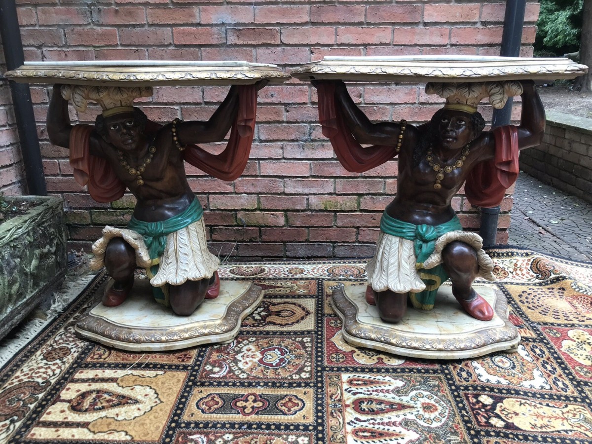 Primary image for Fine Pair Of Blackamoor Carved Gilt Wood Marble Top Console Tables