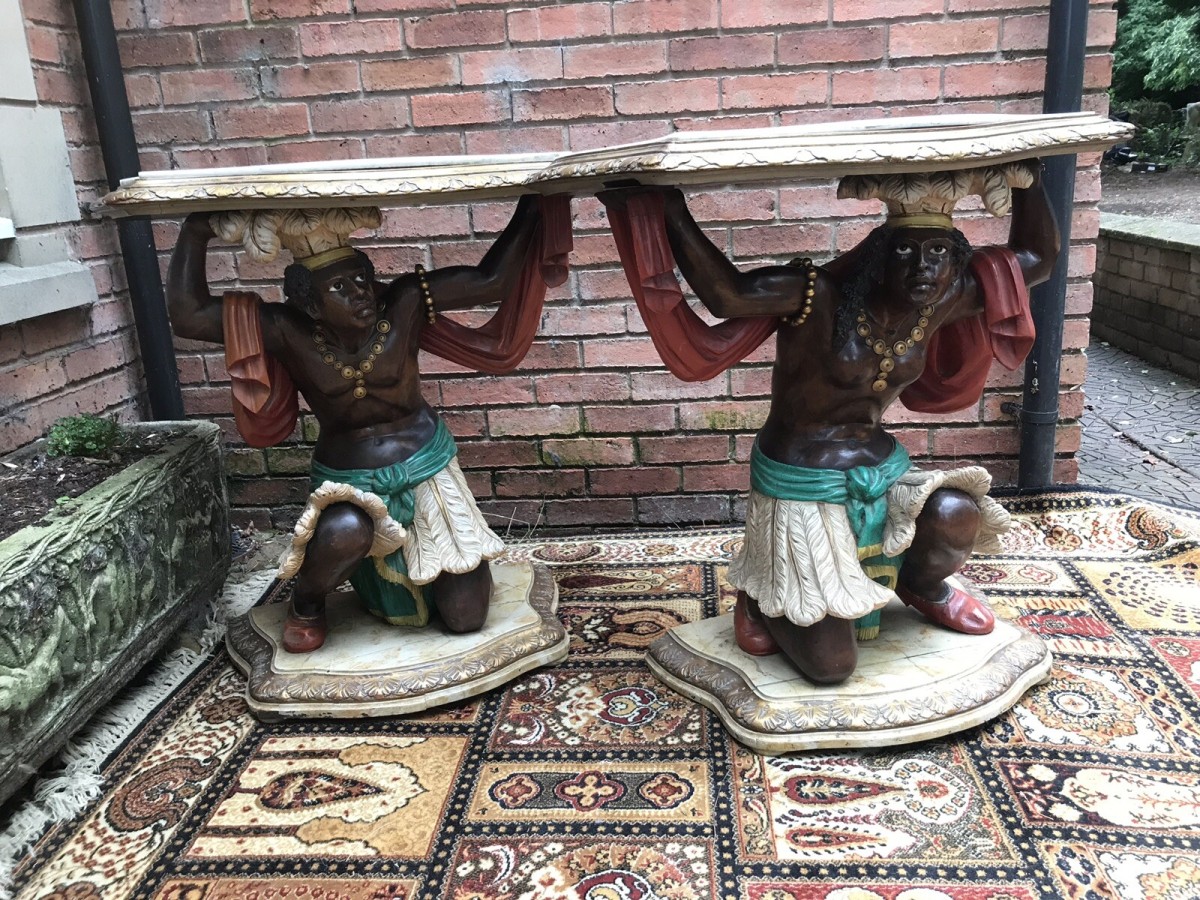 Fine Pair Of Blackamoor Carved Gilt Wood Marble Top Console Tables