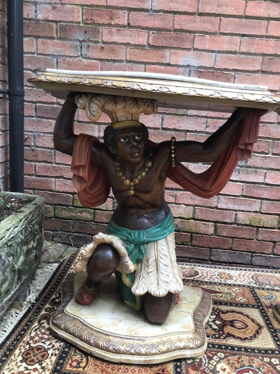 Fine Pair Of Blackamoor Carved Gilt Wood Marble Top Console Tables