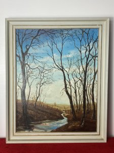 20th Century Winter Landscape Oil Artwork Titled 'Sun In December' J K WHITTON Circa - 20th Century Composition - Oil On Canvas Artwork Title - Sun In December Listing Description Decorative Landscape Oil Painting Depicting Meandering Stream Through A Winter Woodland, With Fantastic Perspective Showing Village Scape In The Distance. At The Forefront The Towering Leafless Trees Feel Haunting As Their Shadows Cast Upon The Land Whilst A Picket Fence Crosses The Stream. Exceptional Paintwork In Fine Detail Showing Water Movement, Reflection And Bright Blue Skies. Known Contemporary British Artist With Fine Hand. Signed J K WHITTON (Artist Details Upon The Reverse) Set In Gilt Wood Frame Dimensions In Inches Height 23" Width 19"