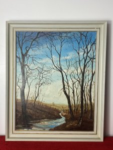 20th Century Winter Landscape Oil Artwork Titled 'Sun In December' J K WHITTON Circa - 20th Century Composition - Oil On Canvas Artwork Title - Sun In December Listing Description Decorative Landscape Oil Painting Depicting Meandering Stream Through A Winter Woodland, With Fantastic Perspective Showing Village Scape In The Distance. At The Forefront The Towering Leafless Trees Feel Haunting As Their Shadows Cast Upon The Land Whilst A Picket Fence Crosses The Stream. Exceptional Paintwork In Fine Detail Showing Water Movement, Reflection And Bright Blue Skies. Known Contemporary British Artist With Fine Hand. Signed J K WHITTON (Artist Details Upon The Reverse) Set In Gilt Wood Frame Dimensions In Inches Height 23" Width 19"