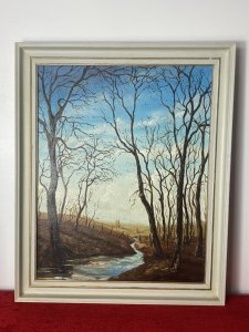 20th Century Winter Landscape Oil Artwork Titled 'Sun In December' J K WHITTON Circa - 20th Century Composition - Oil On Canvas Artwork Title - Sun In December Listing Description Decorative Landscape Oil Painting Depicting Meandering Stream Through A Winter Woodland, With Fantastic Perspective Showing Village Scape In The Distance. At The Forefront The Towering Leafless Trees Feel Haunting As Their Shadows Cast Upon The Land Whilst A Picket Fence Crosses The Stream. Exceptional Paintwork In Fine Detail Showing Water Movement, Reflection And Bright Blue Skies. Known Contemporary British Artist With Fine Hand. Signed J K WHITTON (Artist Details Upon The Reverse) Set In Gilt Wood Frame Dimensions In Inches Height 23" Width 19"