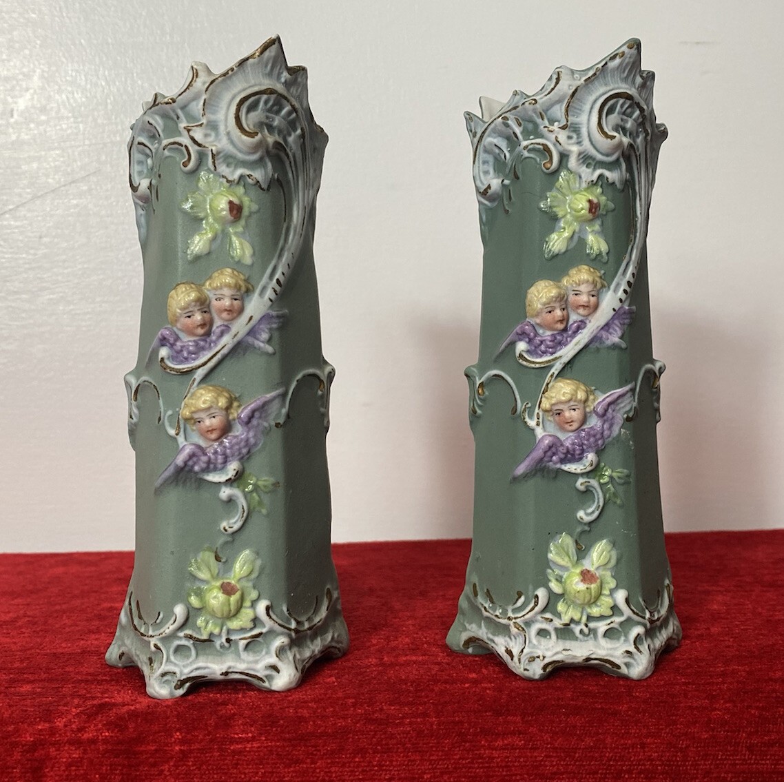 Primary image for Pair Of Elaborate Parian Ware 'trio Of Winged Putti' Hexagonal Posey Vases