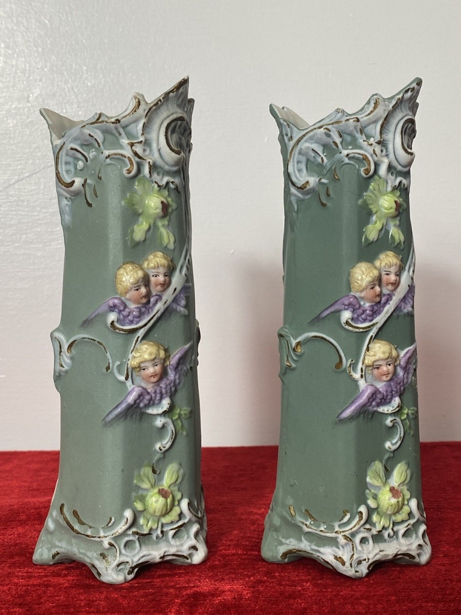 Pair Of Elaborate Parian Ware 'trio Of Winged Putti' Hexagonal Posey Vases