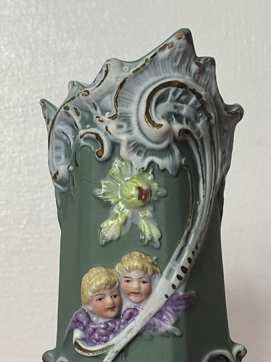 Pair Of Elaborate Parian Ware 'trio Of Winged Putti' Hexagonal Posey Vases