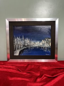 Italian Abstract Impressionist Architectural Night Lit View By P Venditti Circa -1960 Composition - Oil On Canvas Listing Description Exceptional Contemporary Impressionist Night Lit View Of Buildings Upon The Waters Edge. Vivid Artwork With Dark Blue Background.Tall Italian Architectural Buildings Built Up In Thick Textural Paintwork In Monochrome Hues With Distinctive Rust Accents. Wonderful Mirrored Reflective City Scape Carried Through Water By Accomplished Artist. A TrulyThought Provoking Artwork For Elaborate Wall Display In Contemporary Setting. Signed By Artist P VENDITTI & Set With Black Canvas Boarder, Inside Brushed Chrome Frame. Condition - Minor Wear Marks To Paintwork Due To Age And Usage. Dimensions In Inches Height 22 1/4" X Width 26.5" For Further Information Please Call The Curator On 07707 488 566 Thank-you