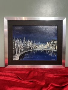 Italian Abstract Impressionist Architectural Night Lit View By P Venditti Circa -1960 Composition - Oil On Canvas Listing Description Exceptional Contemporary Impressionist Night Lit View Of Buildings Upon The Waters Edge. Vivid Artwork With Dark Blue Background.Tall Italian Architectural Buildings Built Up In Thick Textural Paintwork In Monochrome Hues With Distinctive Rust Accents. Wonderful Mirrored Reflective City Scape Carried Through Water By Accomplished Artist. A TrulyThought Provoking Artwork For Elaborate Wall Display In Contemporary Setting. Signed By Artist P VENDITTI & Set With Black Canvas Boarder, Inside Brushed Chrome Frame. Condition - Minor Wear Marks To Paintwork Due To Age And Usage. Dimensions In Inches Height 22 1/4" X Width 26.5" For Further Information Please Call The Curator On 07707 488 566 Thank-you