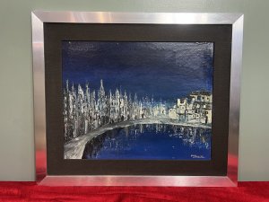 Italian Abstract Impressionist Architectural Night Lit View By P Venditti Circa -1960 Composition - Oil On Canvas Listing Description Exceptional Contemporary Impressionist Night Lit View Of Buildings Upon The Waters Edge. Vivid Artwork With Dark Blue Background.Tall Italian Architectural Buildings Built Up In Thick Textural Paintwork In Monochrome Hues With Distinctive Rust Accents. Wonderful Mirrored Reflective City Scape Carried Through Water By Accomplished Artist. A TrulyThought Provoking Artwork For Elaborate Wall Display In Contemporary Setting. Signed By Artist P VENDITTI & Set With Black Canvas Boarder, Inside Brushed Chrome Frame. Condition - Minor Wear Marks To Paintwork Due To Age And Usage. Dimensions In Inches Height 22 1/4" X Width 26.5" For Further Information Please Call The Curator On 07707 488 566 Thank-you