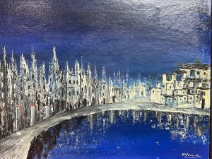 Italian Abstract Impressionist Architectural Night Lit View By P Venditti Circa -1960 Composition - Oil On Canvas Listing Description Exceptional Contemporary Impressionist Night Lit View Of Buildings Upon The Waters Edge. Vivid Artwork With Dark Blue Background.Tall Italian Architectural Buildings Built Up In Thick Textural Paintwork In Monochrome Hues With Distinctive Rust Accents. Wonderful Mirrored Reflective City Scape Carried Through Water By Accomplished Artist. A TrulyThought Provoking Artwork For Elaborate Wall Display In Contemporary Setting. Signed By Artist P VENDITTI & Set With Black Canvas Boarder, Inside Brushed Chrome Frame. Condition - Minor Wear Marks To Paintwork Due To Age And Usage. Dimensions In Inches Height 22 1/4" X Width 26.5" For Further Information Please Call The Curator On 07707 488 566 Thank-you