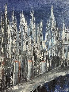 Italian Abstract Impressionist Architectural Night Lit View By P Venditti Circa -1960 Composition - Oil On Canvas Listing Description Exceptional Contemporary Impressionist Night Lit View Of Buildings Upon The Waters Edge. Vivid Artwork With Dark Blue Background.Tall Italian Architectural Buildings Built Up In Thick Textural Paintwork In Monochrome Hues With Distinctive Rust Accents. Wonderful Mirrored Reflective City Scape Carried Through Water By Accomplished Artist. A TrulyThought Provoking Artwork For Elaborate Wall Display In Contemporary Setting. Signed By Artist P VENDITTI & Set With Black Canvas Boarder, Inside Brushed Chrome Frame. Condition - Minor Wear Marks To Paintwork Due To Age And Usage. Dimensions In Inches Height 22 1/4" X Width 26.5" For Further Information Please Call The Curator On 07707 488 566 Thank-you