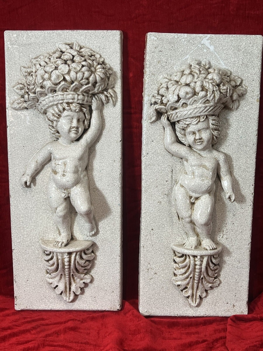 Primary image for Pair Of Marblesque Fruit Bouquet Crown Cherub Plaques