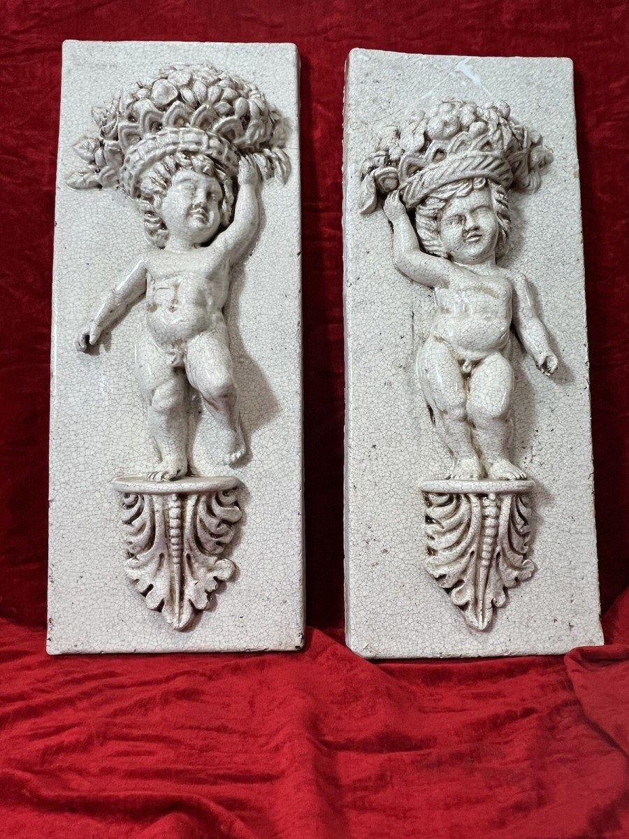 Pair Of Marblesque Fruit Bouquet Crown Cherub Plaques