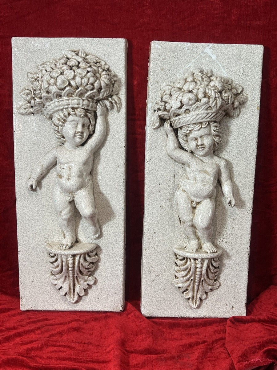 Pair Of Marblesque Fruit Bouquet Crown Cherub Plaques