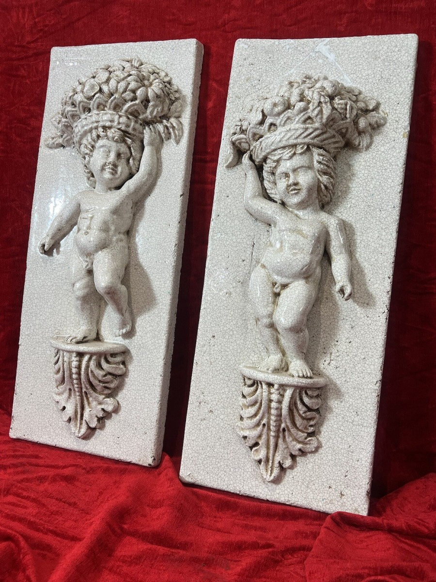 Pair Of Marblesque Fruit Bouquet Crown Cherub Plaques