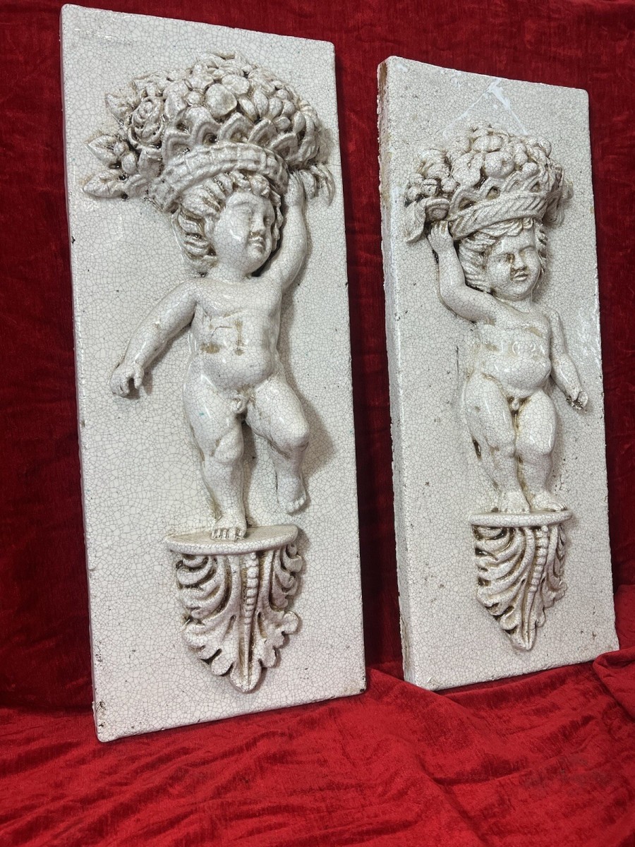 Pair Of Marblesque Fruit Bouquet Crown Cherub Plaques
