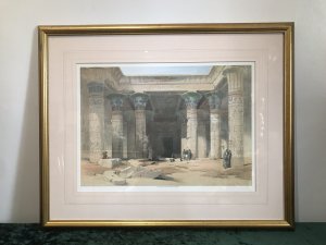 Fine Lithograph Grand Portico Of The Temple Of Philae David Roberts R.A. Renowned Scottish Orientalist Painter Wonderful Hieroglyphics Paintings On Pillars Of Stone Detailed Figures On The Foreground Stunning Detail Incredible Monument Glazed Guilt Frame Dimensions In Inches Width 29” Height 24”