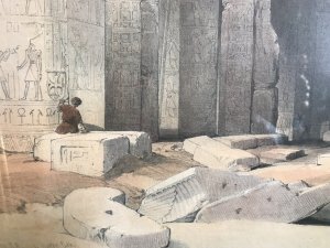 Fine Lithograph Grand Portico Of The Temple Of Philae David Roberts R.A. Renowned Scottish Orientalist Painter Wonderful Hieroglyphics Paintings On Pillars Of Stone Detailed Figures On The Foreground Stunning Detail Incredible Monument Glazed Guilt Frame Dimensions In Inches Width 29” Height 24”