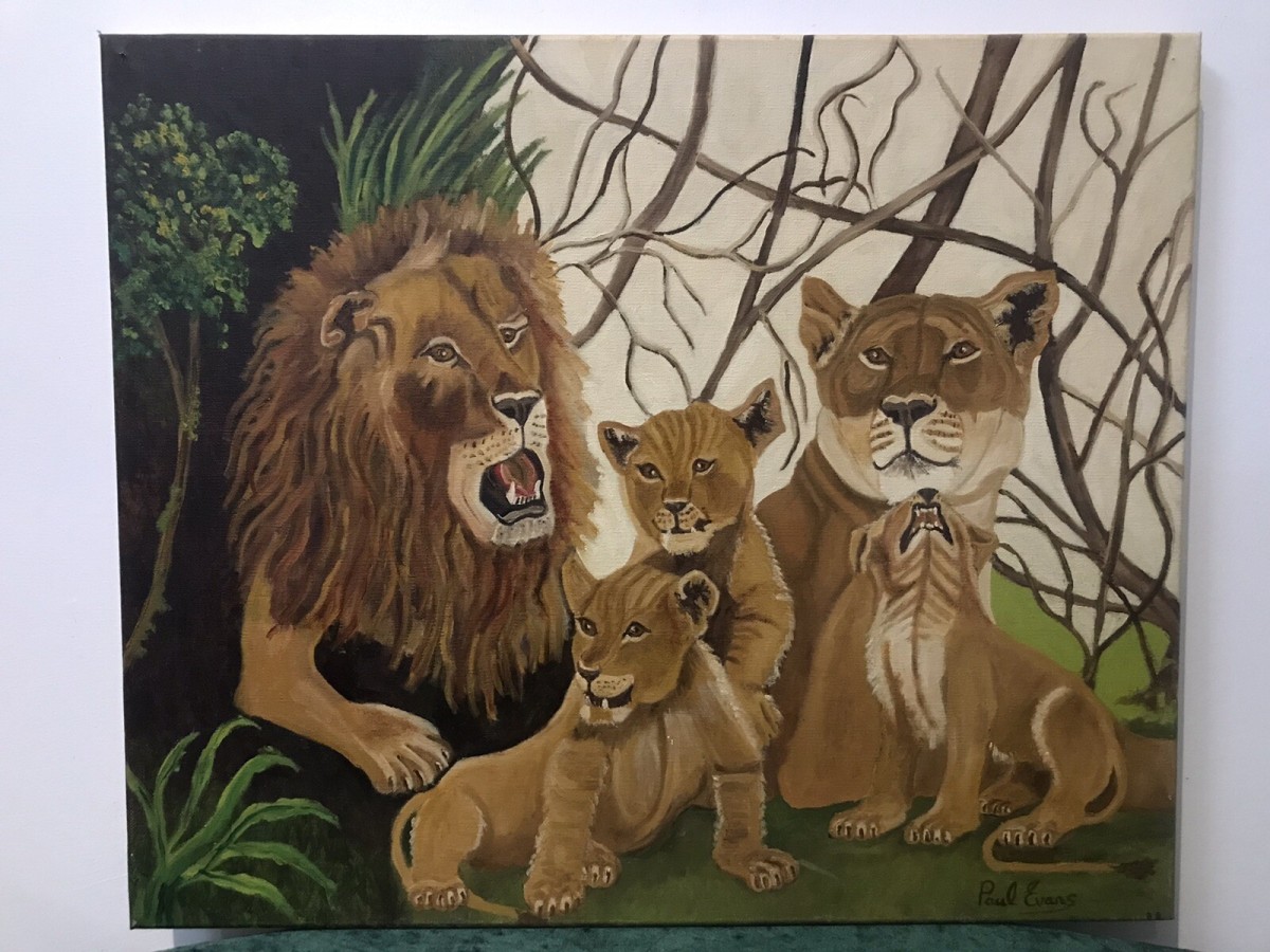 Primary image for Contemporary Artwork Lion & Lioness With Cubs On Canvas By Artist Paul Evans