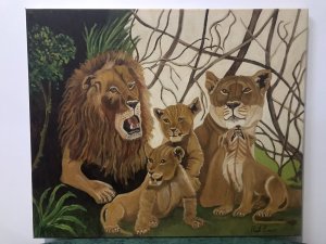Contemporary Artwork Lion & Lioness With Cubs On Canvas By Artist Paul Evans Roaring Lion With Lioness And Three Playful Cubs Lovely Detailed Composition Set In Jungle Landscape Oil On Canvas Signed By The Artist - Paul Evans No Frame But Lovely Subject Dimensions In Inches Height 20” Width 23.5”