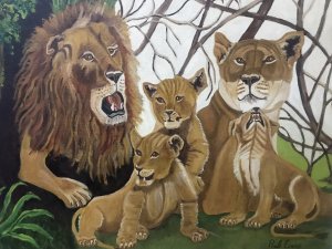 Contemporary Artwork Lion & Lioness With Cubs On Canvas By Artist Paul Evans Roaring Lion With Lioness And Three Playful Cubs Lovely Detailed Composition Set In Jungle Landscape Oil On Canvas Signed By The Artist - Paul Evans No Frame But Lovely Subject Dimensions In Inches Height 20” Width 23.5”