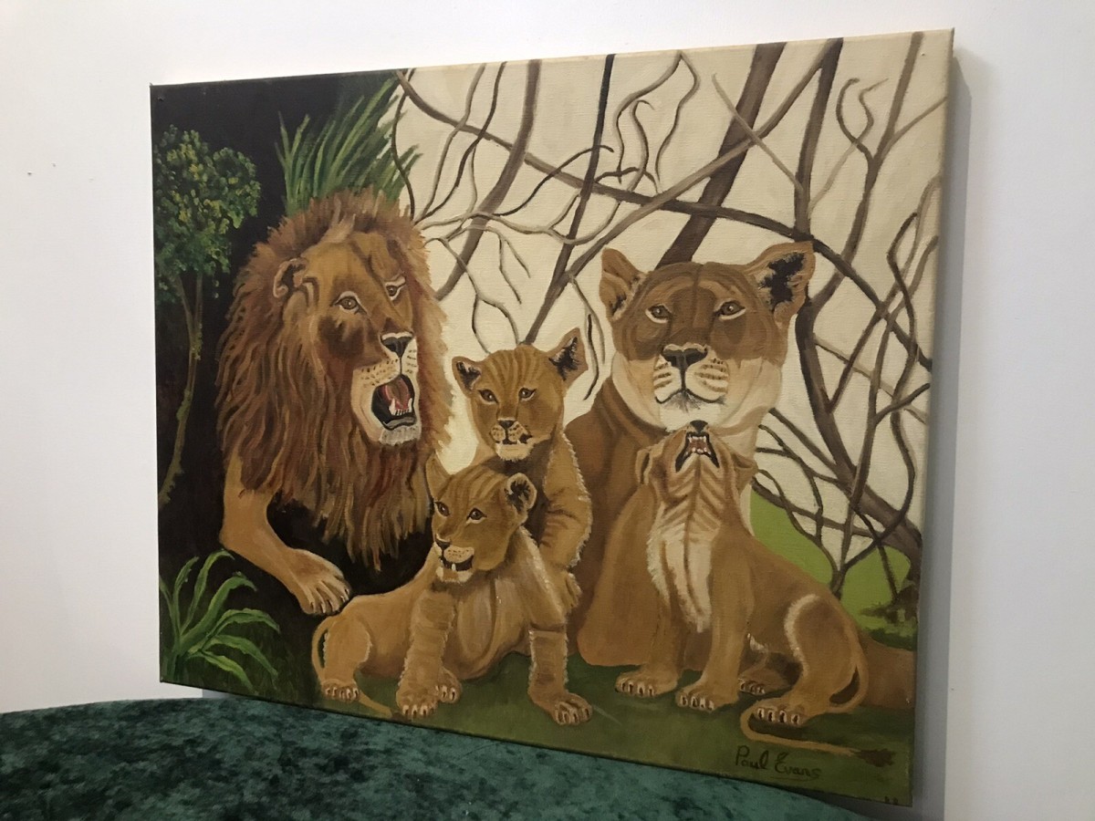 Contemporary Artwork Lion & Lioness With Cubs On Canvas By Artist Paul Evans